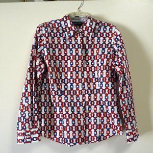 Jones New York nautical chains red white blue shirt blouse button down cotton L